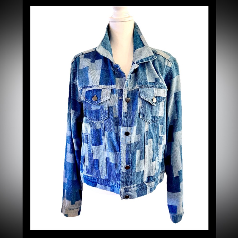 Alexis Taylor New York Blue Denim Jacket Patchwork Size Large 100% Cotton